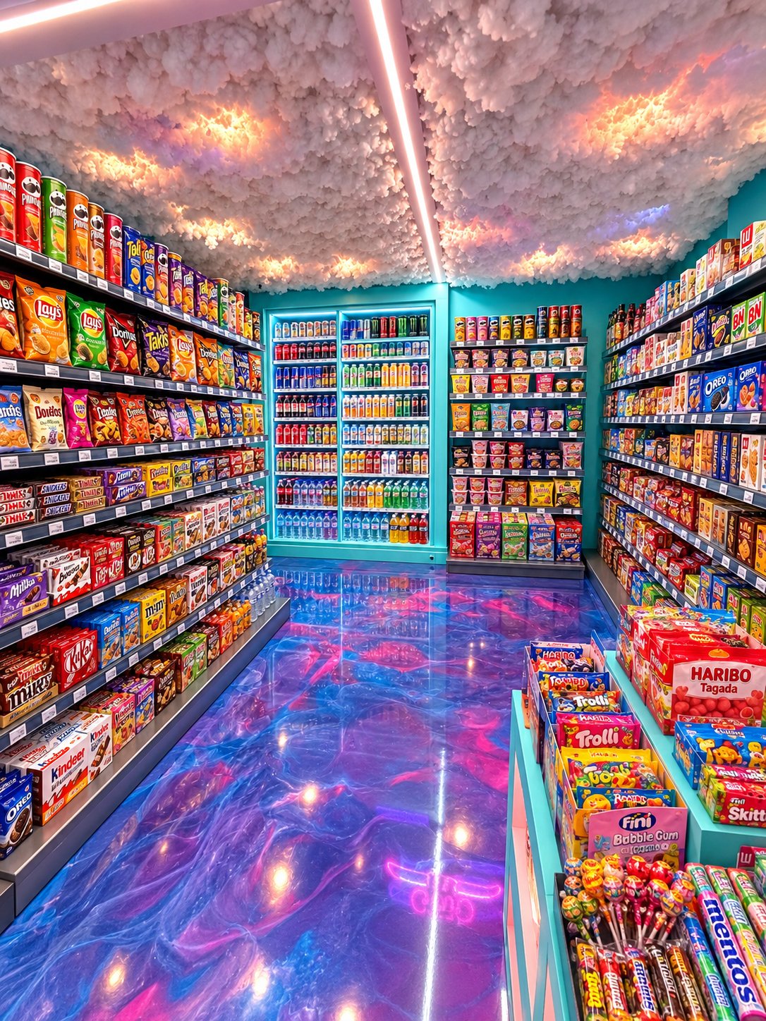 Allée de MIDI MINUIT à Épinal avec rayons de chips et bonbons importés, frigos de boissons et plafond en nuages lumineux