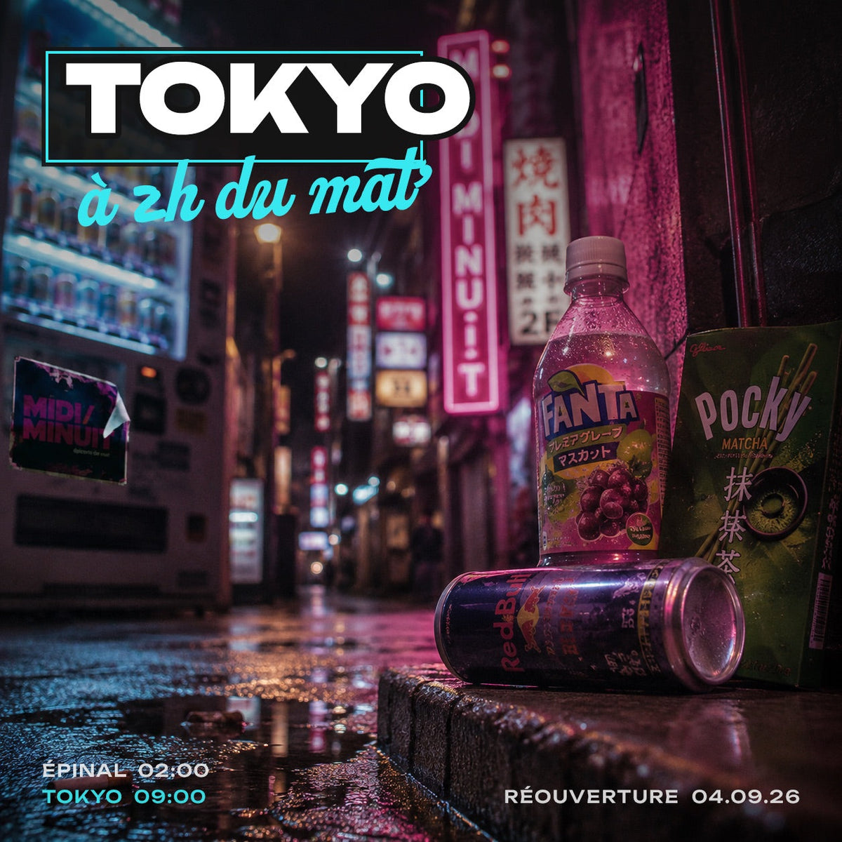 Snacks japonais dans une ruelle de Tokyo la nuit : Fanta raisin muscat et Pocky matcha posés sur un trottoir mouillé