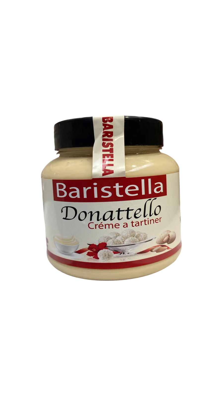 Le Baristella Donattello de MIDI MINUIT (330 g) est doté dun couvercle noir et dune étiquette avec des noisettes crémeuses et un ruban rouge, promettant une saveur gourmande dans chaque tartinade.