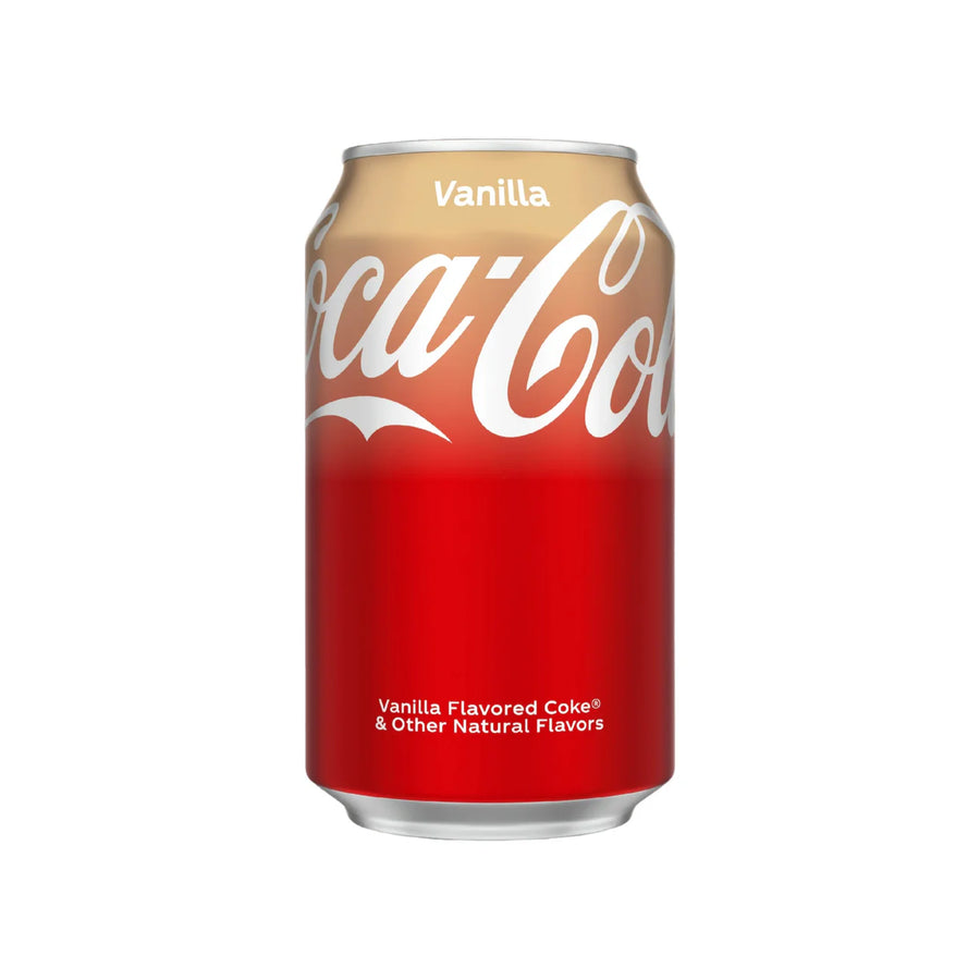 La canette de 355 ml de Coca-Cola Vanille de MIDI MINUIT présente un design dégradé de crème à rouge, surmonté du texte « Vanilla » au-dessus du logo blanc emblématique de Coca-Cola, offrant une expérience de boisson gazeuse unique avec sa délicieuse saveur vanillée.