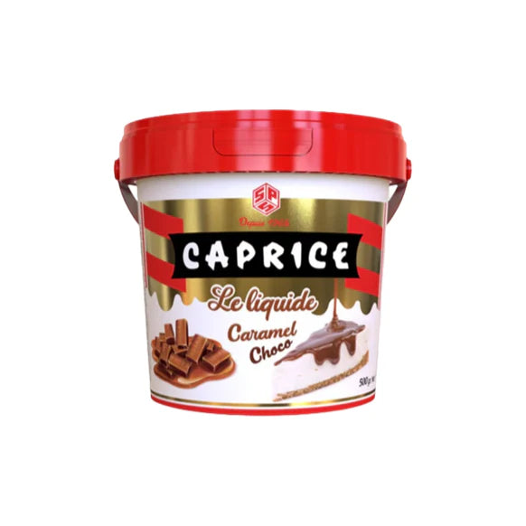 Le coulis Caprice Caramel-Chocolat de MIDI MINUIT est présenté dans un pot vibrant de 500 g avec un couvercle et une poignée rouges, mettant en valeur des morceaux de chocolat avec des coulures de caramel. Idéal pour les desserts, il offre une texture onctueuse dans chaque cuillerée.
