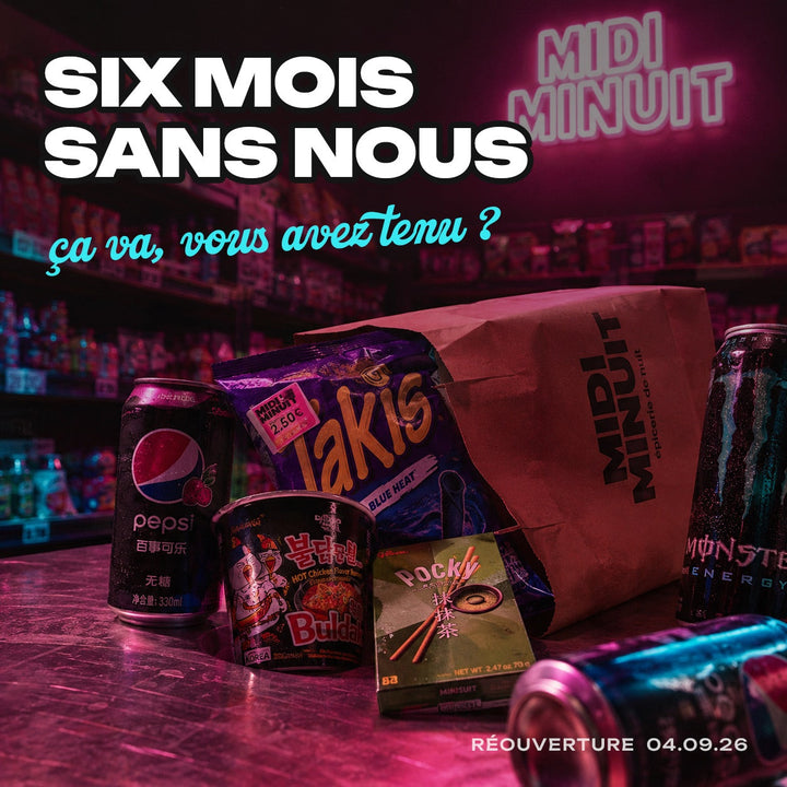 Sélection de snacks et boissons importés MIDI MINUIT pour un apéro : Pepsi litchi, Takis Blue Heat, nouilles Buldak, Pocky matcha et Monster