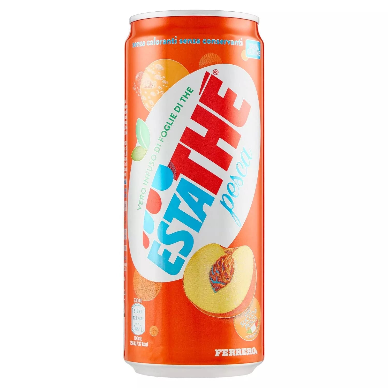 La grande canette orange de 330 ml dEstathé Pêche de MIDI MINUIT affiche un grand logo blanc « Estathé » avec une image dune tranche de pêche et de feuilles de thé, avec du texte italien et des détails nutritionnels.