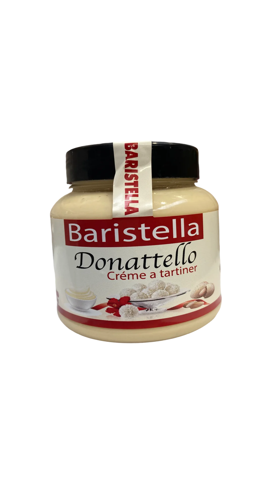 Le Baristella Donattello de MIDI MINUIT (330 g) est doté dun couvercle noir et dune étiquette avec des noisettes crémeuses et un ruban rouge, promettant une saveur gourmande dans chaque tartinade.
