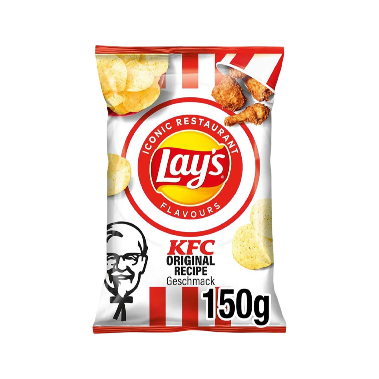 Un sachet de 150 g de chips KFC Lays Iconic Restaurant de MIDI MINUIT présente un emballage blanc avec des rayures rouges et des images de chips et de poulet frit, affichant le logo Lays et le colonel Sanders. Il célèbre les « saveurs légendaires KFC ».