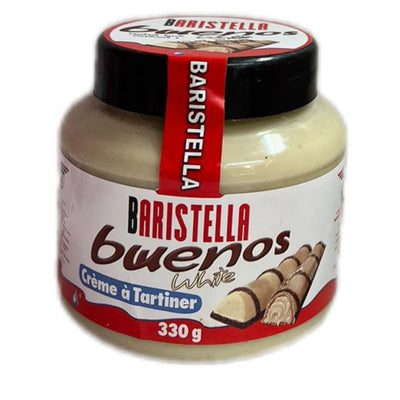 Baristella Buenos Blanc (330g) de MIDI MINUIT est un choix idéal pour les petits déjeuners. L'étiquette du pot, aux accents rouges et blancs et aux images de gaufrettes roulées, met en valeur avec élégance cette délicieuse pâte à tartiner au chocolat blanc.