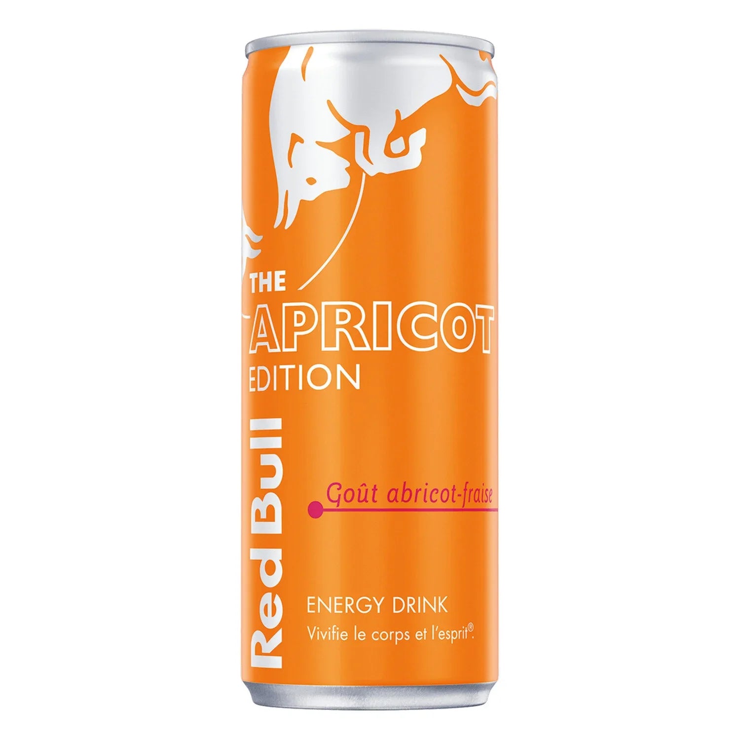 Le Red Bull Abricot Fraise de MIDI MINUIT est présenté dans une canette orange avec un texte blanc et rouge mettant en valeur « Goût abricot-fraise ». Savourez cette boisson énergisante, ornée de son logo emblématique du taureau et de ses saveurs sucrées et rafraîchissantes.