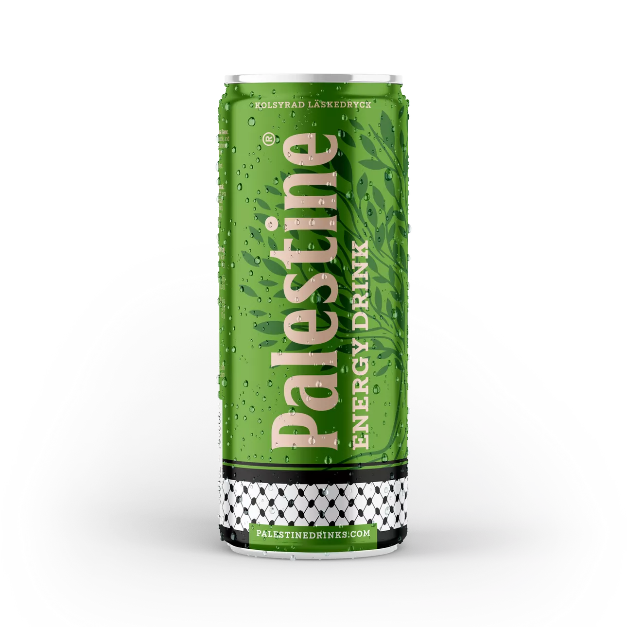 Une Palestine Energy Drinks verte enrobée de gouttes de rosée (330 ml) de MIDI MINUIT, avec des ingrédients de qualité et un motif de base décoratif promet un regain dénergie, et affiche palestinalooks.com.