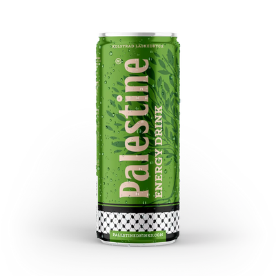 Une Palestine Energy Drinks verte enrobée de gouttes de rosée (330 ml) de MIDI MINUIT, avec des ingrédients de qualité et un motif de base décoratif promet un regain dénergie, et affiche palestinalooks.com.