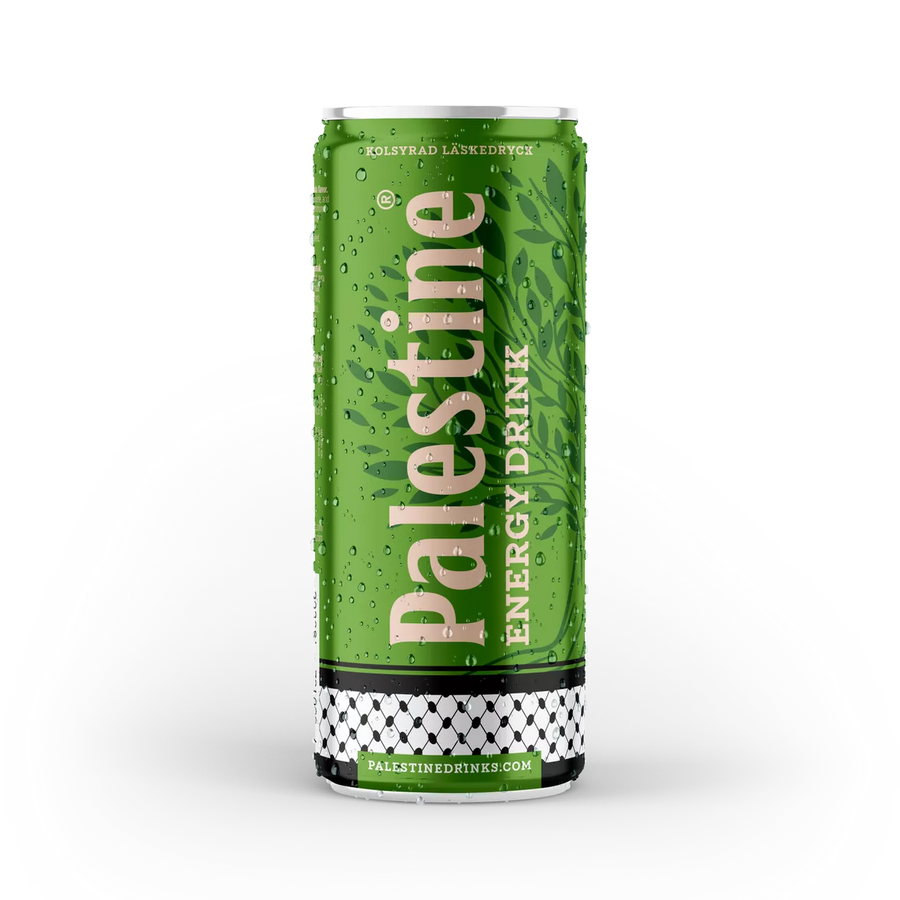 Une Palestine Energy Drinks verte enrobée de gouttes de rosée (330 ml) de MIDI MINUIT, avec des ingrédients de qualité et un motif de base décoratif promet un regain dénergie, et affiche palestinalooks.com.