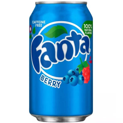 Une canette de 355 ml de Fanta Berry de MIDI MINUIT arbore le logo de la marque, une image de baies mélangées et des étiquettes indiquant « sans caféine » et « arômes 100 % naturels ». Cette boisson fruitée promet une explosion de saveurs à chaque gorgée.