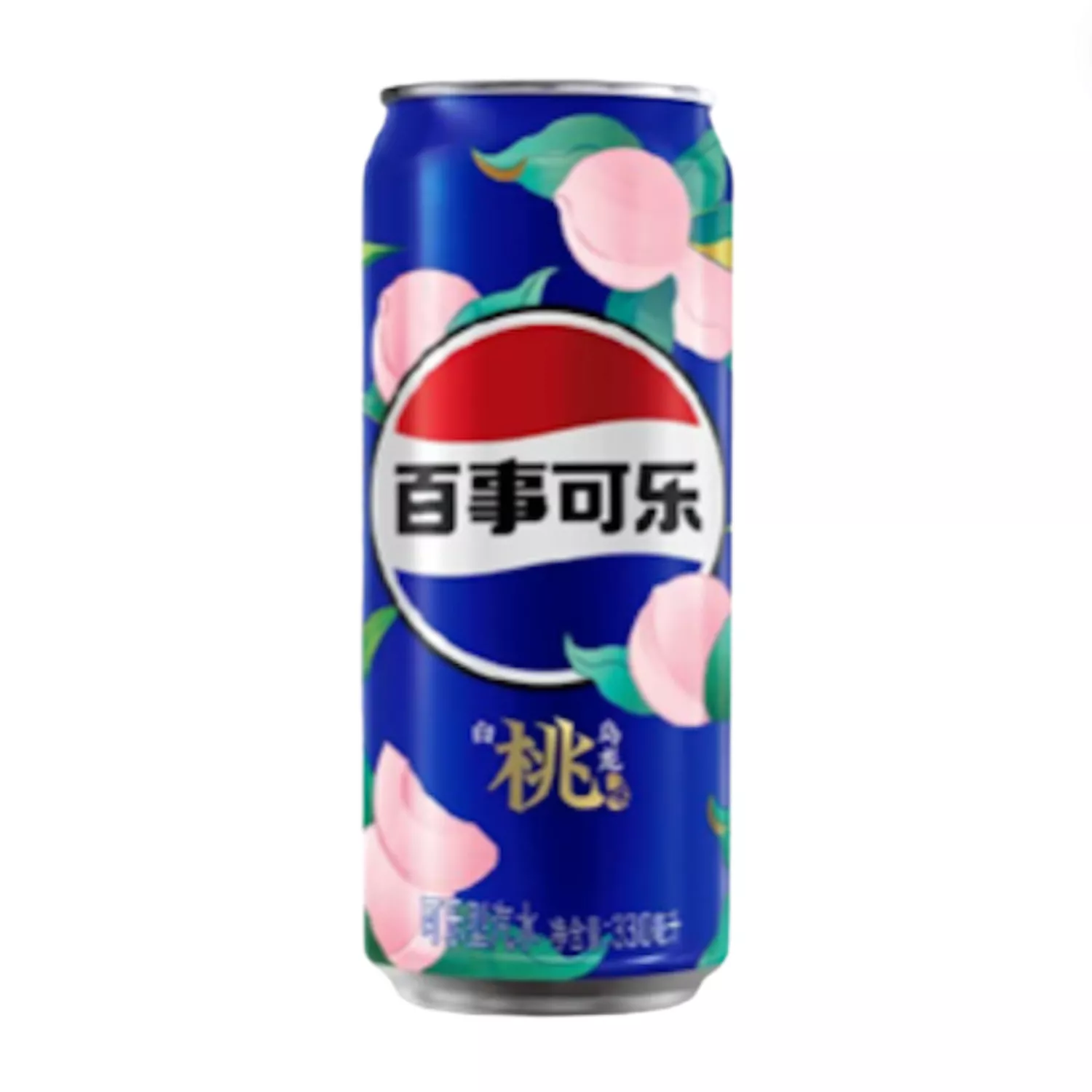 Une canette bleue avec un logo circulaire rouge, blanc et bleu présente de charmantes illustrations de pêches roses et de feuilles vertes luxuriantes. Avec son texte non anglais, il sagit dun MIDI MINUIT Pepsi Pêche Blanche (330 ml), offrant lessence délicieuse de la pêche blanche et du thé oolong.